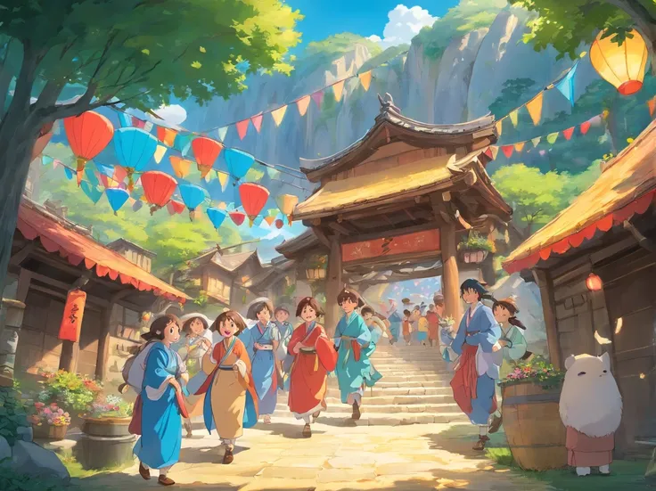 The festival scene depicts a joyful and lively atmosphere。The whole village is dressed up with blue skies and white clouds，Colorful bunting flutters in the air，The villagers are dressed in Zhuang costumes，With a smile of joy and anticipation，Together。In th...