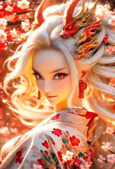 The most beautiful and sexy dragon princess, Long white hair, Red eyes, Dressed in the most beautiful，The most exquisite kimono, Lots of tattoos and piercings, Cherry blossoms fluttering in the wind, highly detailed back ground, Perfect masterpiece, High q...