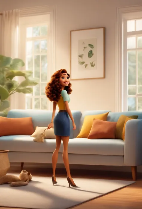 criar imagem como os cartaz de filme da Disney pixar, FILM TITLE, as aventuras da Tami, uma mulher com cabelo grande ondulado ruivo, olhos castanhos, Businesswoman, que gosta de postar no Instagram, reside em um apartamento clean sofa branco e com plantas,