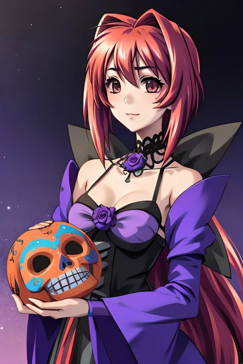 kagami sumika vestida como una catrina, anime girl with long purple hair and skull makeup in front of a background, el dia los m...