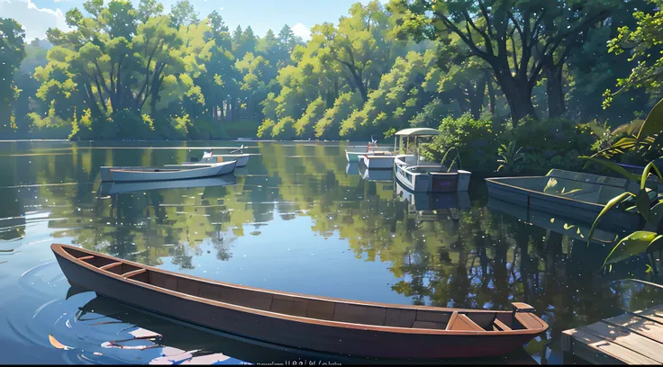 Wallpaper, summer pond, pond, boats, afternoon sun, pond background, depth of field, hot weather, high definition detail, wet watermark, ultra detail, film, surrealism, soft light, deep field focus bokeh, ray tracing, diffuse (ultrafine glass reflections) ...