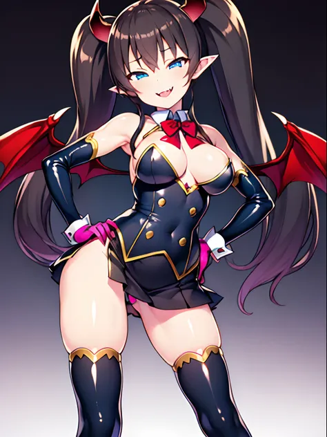 tachi-e, game cg, Highly detailed and realistic CG, Colorful, Masterpiece, Best Quality, jewel-like eyes, 1girl, solo, black hair, shiny hair, long straight hair, very long twintails, slender, skinny legs, succubus girl,succubus school uniform, mini skirt,...