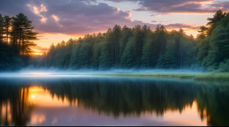 wallpaper, summer, lake, dawn, forest, detailed forest, clouds, masterpiece, cinematic, soft light, depth of field, ray tracing, reflection in water, realism, ulra detailed,