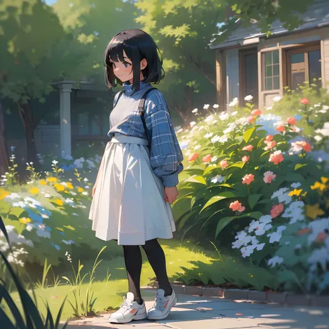 (High quality, High resolution, Ultra-detailed, Realistic:1.37), peaceful ambiance, (plein air, garden), Teenage girl standing alone, Beautiful detailed features, Cute smile, (Black bob hair), White ribbed sweater, blue plaid skirt, Black tights, White sne...