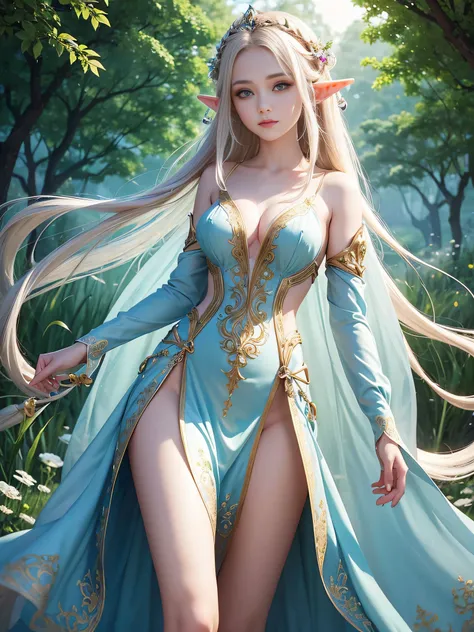 A graceful elf girl stands in a meadow, her delicate features illuminated by the soft light of the setting sun. Her long, flowing hair cascades down her back, adorned with intricate braids and adorned with sparkling jewels. This stunning painting captures ...