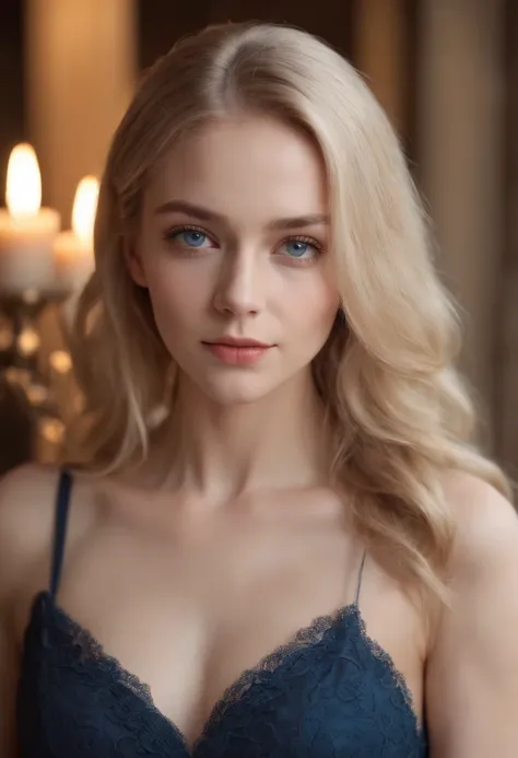 Fair complexion, Female, about 24 years old, Natural Blonde Hair, Distinctive blue eyes, Wearing Kohl, slender and graceful, nice ass, Candles in a medieval setting, ultra sharp focus, realistic shot, Modern Womens Clothing, Notebook colors (scar:1.4)