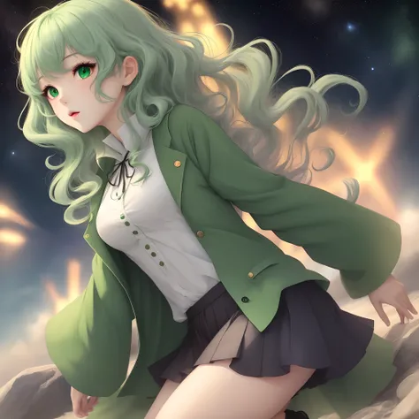 Light green hair wavy anime girl with green outfit and stars