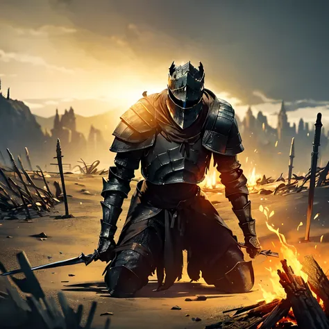 ((darksouls armor)), (((kneel on bonfire))) (knight on left side bonfire) forest, night, beautiful half moon