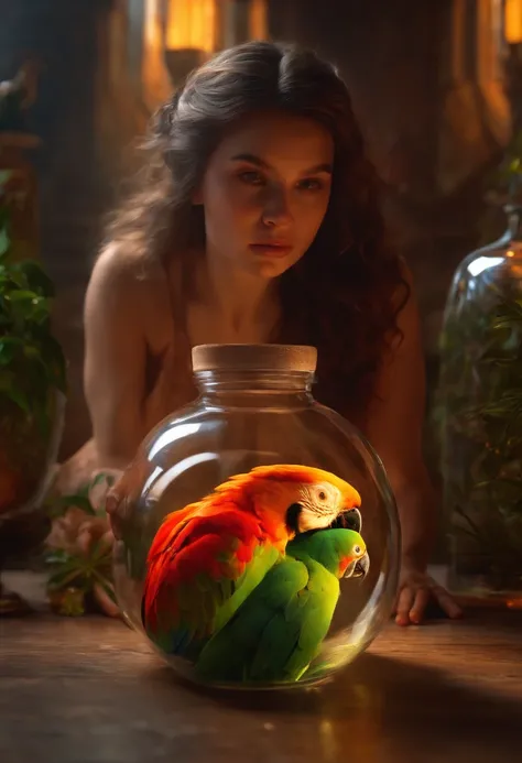 Parrot-faced girl kneeling in a glass bottle、 Super realistic, Hyper Detailed, Dramatic Lighting, 4K