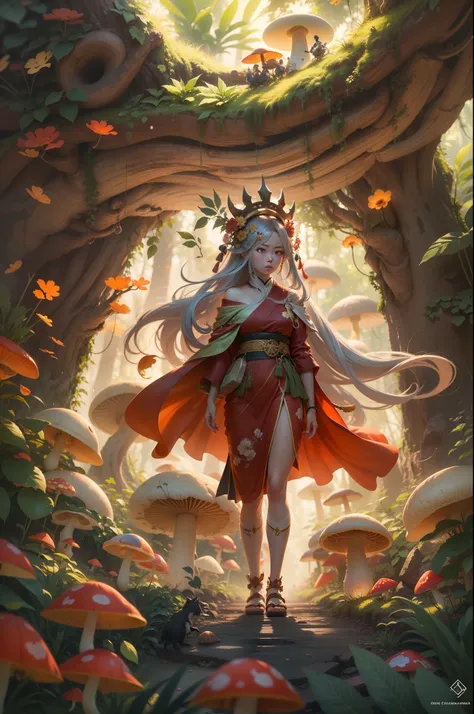 Stylish Japanese anime digital illustration, Ise was successful、Japanese Isekai Tensei animation、Guan Yu lands in the jungle of another world、Otherworldly jungle，Reminiscent of the jungles of Vietnam、Feminine Guan Yu、nioh standing、Red glowing background, S...