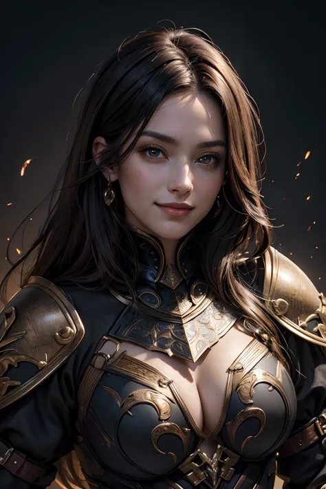 "(best quality,8K,highres,masterpiece:1.2),beautiful,detailed face,smiling and mesmerizing,dark chestnut hair,wearing black armor with a scorpion motif.emphasized chest area"