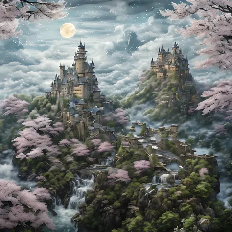 ​masterpiece、hightquality、Realistic、landscape shot、life-like、A detailed、Like the photo、A castle shining in the sky、Gods castle in the sky、Castle in the Sky、Flying Castle、Castle of Glory、Castle above the clouds、A lush castle surrounded by cherry blossom tre...