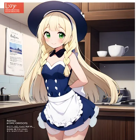 (Best Quality, Masterpiece),sexy Loli,  Front cover of a womens cooking magazine,  erotic, nsfw, 1girl, 16 years old, stunning, cute, smile, hourglass figure, Maid costume, beautiful food, text, diagrams, advertisements, magazine title, lillie (pokemon), 1...