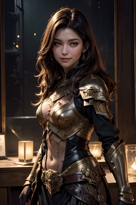 "(best quality,8K,highres,masterpiece:1.2),beautiful,detailed face,smiling and mesmerizing,dark chestnut hair,wearing black armor with a scorpion motif.emphasized chest area"