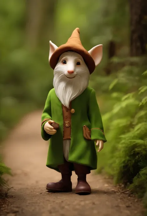 Theres a little toy gnome thats standing on a path,
(((rosto limpo))) 
(((camisa verde-clara))),(((Gorro roxo))),
(((brown pant))), (((sapato marrom))), 
(((large, droopy ears))),
 Disney foto realista