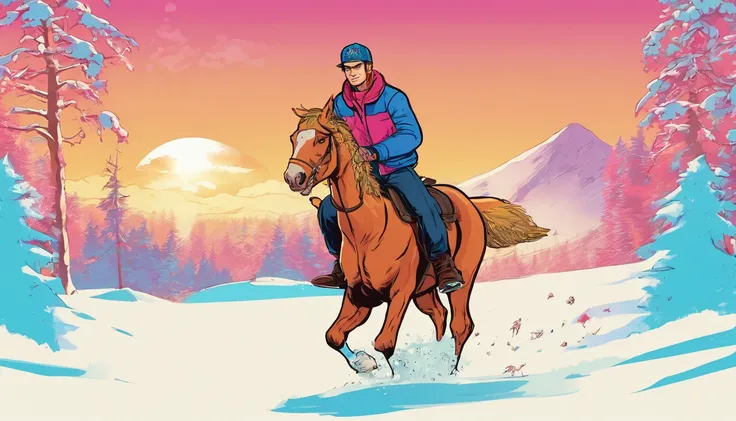 A young man rides a horse in the snow, high-quality face