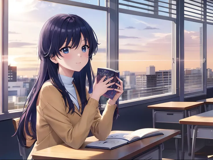 fille d’anime assise à un bureau avec ses mains croisées sur son visage, visuel d’anime d’une fille mignonne, anime moe artstyle...