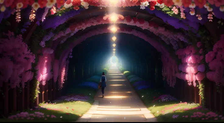 Arafed walkway with a tunnel of flowers and a person walking on it, In the underground garden, blossoming path to heaven, infinite corridor, leading to a beautiful, walkway, Stand in the tunnel, inside the tunnel, photograph of enchanted garden, long hall ...