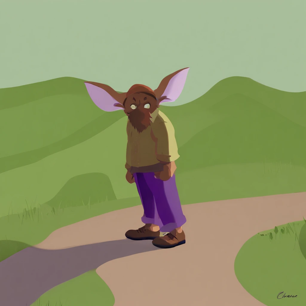 Theres a little toy dwarf thats standing on a path,
(((camisa verde-clara))),(((Gorro roxo))),
(((brown pant))), (((sapato marrom))), 
(((large, droopy ears))),
 Disney foto realista