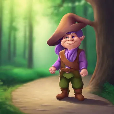 "little toy dwarf standing on a path, Disney realistic photo, light green shirt, purple hat, brown pants, brown shoes, big floppy ears, best quality, ultra-detailed, realistic, portraits, vivid colors, natural lighting"

Note: This is a sample prompt creat...