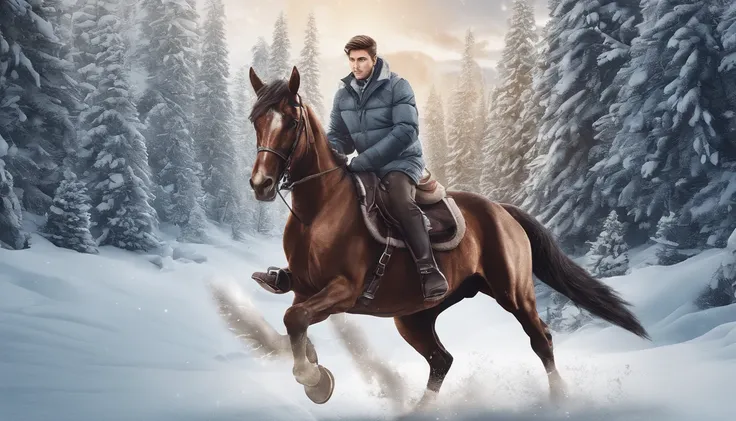 A young man rides a horse in the snow, high-quality face