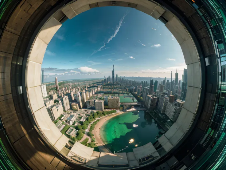 A masterpiece, of the best quality, (very detailed CG Unity 8k wallpaper), (best quality), (best shading), 1city, nature, green tone, panoramic, fish eye lens, detailed, unbound, penthouse