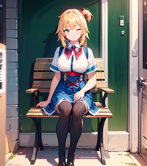 (a girl sitting at the park bench),(best quality,4k,8k,highres,masterpiece:1.2),ultra-detailed,(realistic,photorealistic,photo-realistic:1.37),HDR,UHD,studio lighting,professional,very high resolution,good image,vivid colors, akaihaato, smiling, eye closed