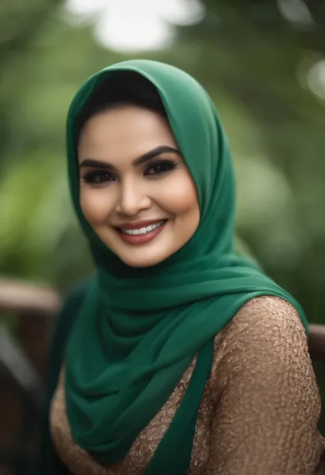 woman sit in a bed, wearing a green hijab, deep dimples smile, headshot profile picture, Siti Nurhaliza, 30 years old woman, dimple smiling and looking directly, warm and gentle smile, lovely smile, selfie shot straight on angle, charming smile, curvey bod...