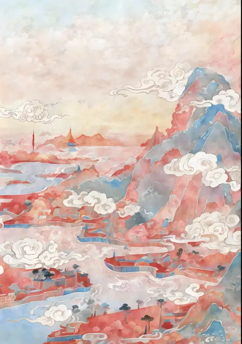 There is a painting of a mountain，There is a lake in the middle, floating lands in-clouds, in the art style of ukiyo - e, Anime landscape, inspired by Yoshio Markino, dreamlike illustration, inspired by Tosa Mitsuoki, mythical floral hills, a surreal dream...