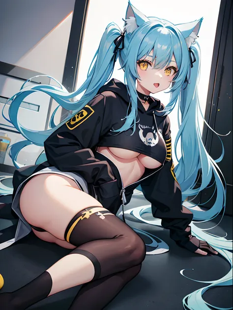 Long Hair, Twintail, Light Blue Hair, Yellow Eyes, Cat Ears, Cat Tail, Big Boobs, Wearing Hoodie, Long Stocking, Nighttime, Wearing Black Gloves, Inside a house, Stick out the tongue