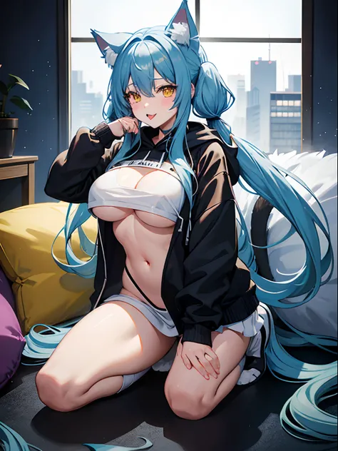 Long Hair, Twintail, Light Blue Hair, Yellow Eyes, Cat Ears, Cat Tail, Big Boobs, Wearing Hoodie, Long Stocking, Nighttime, Wearing Black Gloves, Inside a house, Stick out the tongue