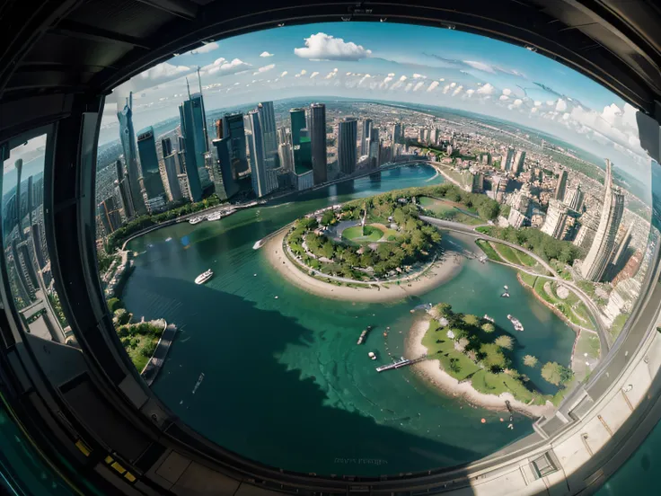 A masterpiece, of the best quality, (very detailed CG Unity 8k wallpaper), (best quality), (best shading), 1city, nature, green tone, panoramic, fish eye lens, detailed, unbound, penthouse, aluminum frame