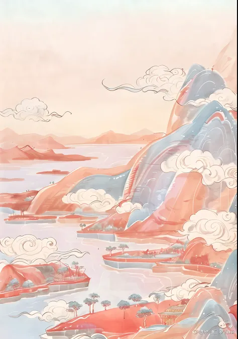 There is a painting of a mountain，There is a lake in the middle, floating lands in-clouds, in the art style of ukiyo - e, Anime landscape, inspired by Yoshio Markino, dreamlike illustration, inspired by Tosa Mitsuoki, mythical floral hills, a surreal dream...