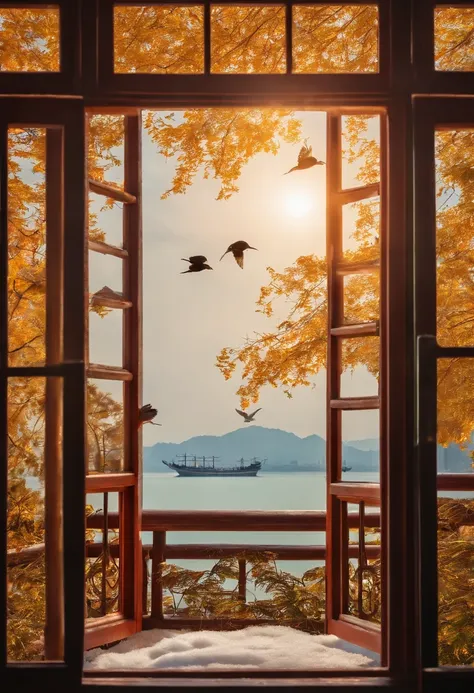 Two orioles chirping green willows,A line of egrets on the blue sky。 The window contains Xiling Thousand Autumn Snow,The door is moored to the East Wu Wanli ship。