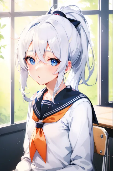 anime girl with white hair and blue eyes sitting in a chair, anime visual of a cute girl, beautiful anime high school girl, anime style 4 k, anime moe artstyle, young anime girl, girl with white hair, portrait anime girl, cute anime girl, cute anime girl p...