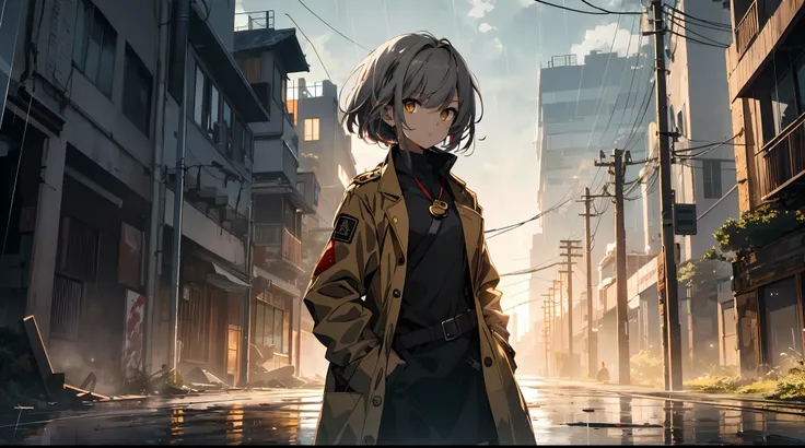 town ruins,labcoat,standing,hands in pockets,gray hair,medium hair,looking to the side,(1girl:1.5),closed mouth,short hair,((official art,unity 8k wallpaper,ultra detailed,High quality,best quality)),rainy days,red streaked hair,serious,blood on clothes,ye...