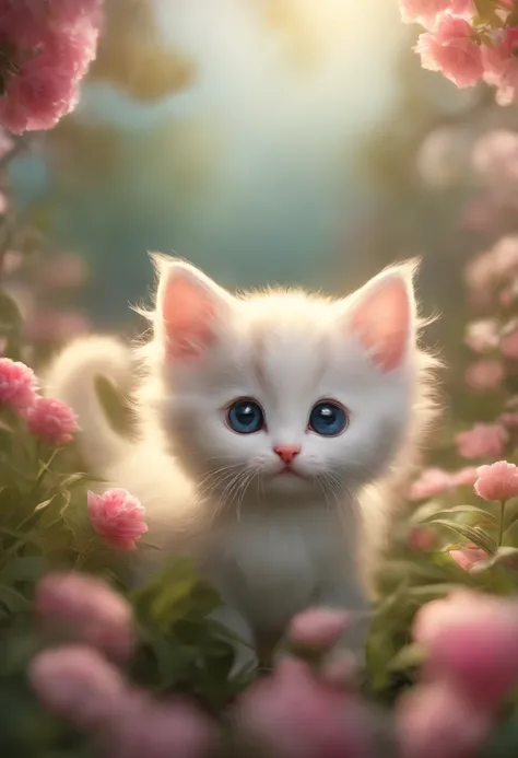 A cute little kitten，Big round eyes，A small pink nose，Fluffy tail