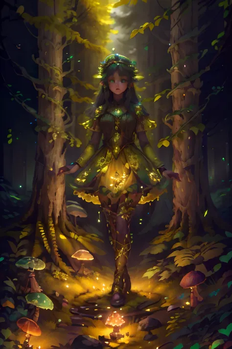 An full body shot of an Elfgirl wearing a subtle autumn multi-color skirt shaped like a mushroom, on her head she wears a crown of autumn leaves twigs and flowers, in a plush autumn forest clearing which is the forest shimmers with an almost faint biolumin...