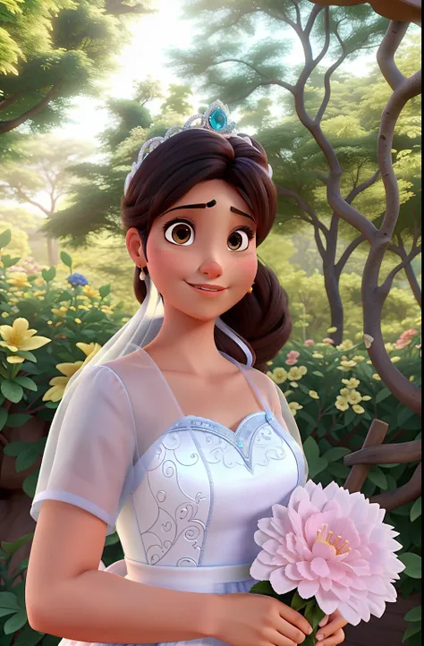 uma mulher morena vestida de noiva no estilo Disney Pixar, alta qualidade, melhor qualidade