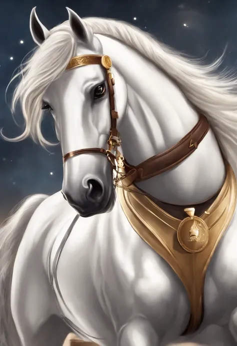 (((Cartoon Character 1.3)))，(((A white horse：1.4)))，He wears a big gold medal around his neck，Wears a spotted vest on the top，Denim shorts on the bottom，Long white hair that floated up，Naughty expression，HD Real，Black eyes，Flying figure，HD picture，Sony SLR...