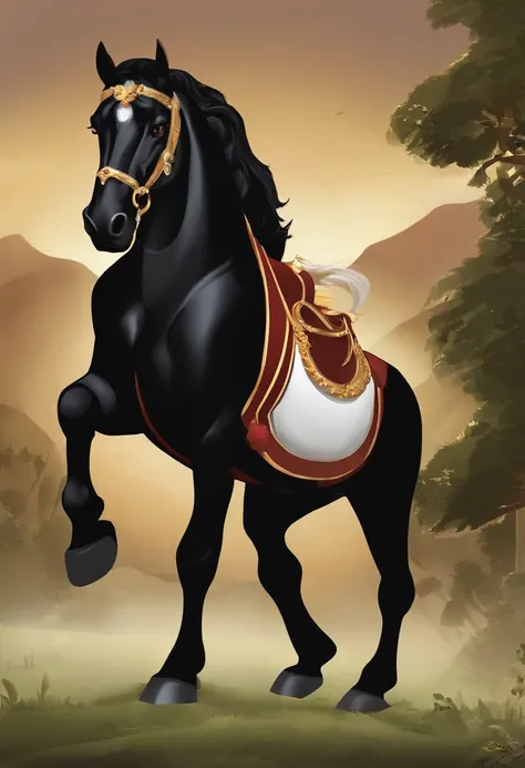 (((Cartoon Character 1.3)))，(((A black horse：1.4)))，He wears a big gold medal around his neck，Wears a spotted vest on the top，Denim shorts on the bottom，Long white hair that floated up，Naughty expression，HD Real，Black eyes，Flying figure，HD picture，Sony SLR...