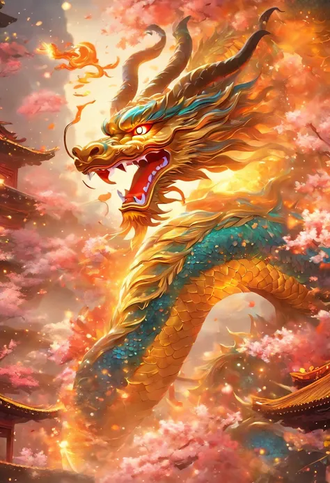 Chinese style elements，Oriental dragon image, Dragons give blessings，The dragon is praying，Soaring skies, There are colorful lights everywhere, They were delighted, (High contrast), (The era of fantasy worlds), People are happily shopping, The atmosphere o...