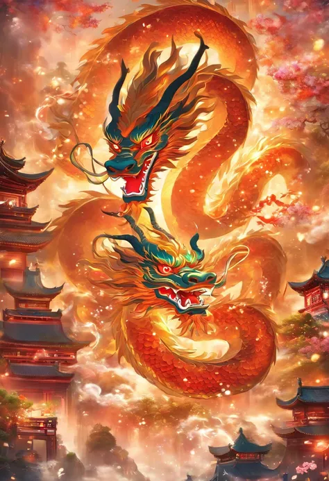 Chinese style elements，Oriental dragon image, Dragons give blessings，The dragon is praying，Soaring skies, There are colorful lights everywhere, They were delighted, (High contrast), (The era of fantasy worlds), People are happily shopping, The atmosphere o...