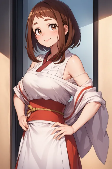 ochakouraraka, ochako uraraka, (uraraka ochako:1.5), (brown eyes:1.5), brown hair, short hair, blush,
BREAK japanese clothes, kimono, apron, red ribbon, waitress, red kimono,
BREAK outdoors, city,
BREAK looking at viewer, cowboy shot,pose, hand on hip,sedu...