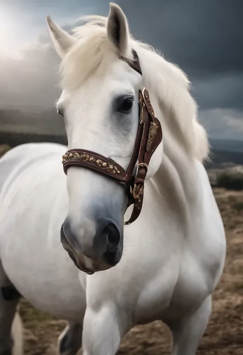 cartoon image，(((A white horse：1.4)))，He wears a big gold medal around his neck，Wears a spotted vest on the top，Denim shorts on the bottom，Long white hair that floated up，Naughty expression，HD Real，Black eyes，Flying figure，HD picture，Sony SLR lens，Shoot at...