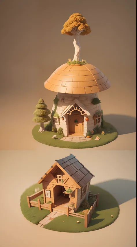 tmasterpiece，best qualtiy，Lots of detail，3Drenderingof，Q printmaking style，mushroom house，Small scenes，C4D，volumetric modelling，Beige orange background