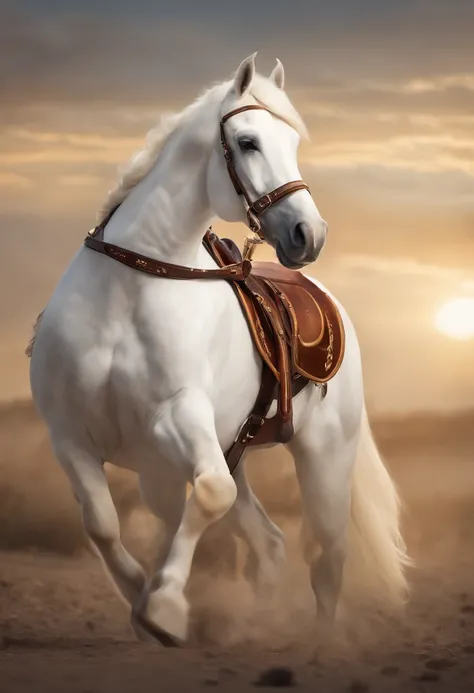 cartoon image，(((A white cartoon horse)))，He wears a big gold medal around his neck，Wears a spotted vest on the top，Denim shorts on the bottom，Long white hair that floated up，Naughty expression，HD Real，Black eyes，Flying figure，HD picture，Sony SLR lens，Shoo...