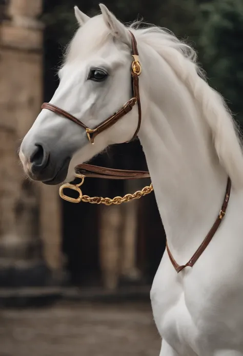 Tide play image，(((A white cartoon horse)))，He wears a big gold medal around his neck，Wears a spotted vest on the top，Denim shorts on the bottom，Long white hair that floated up，Naughty expression，HD Real，Black eyes，Flying figure，HD picture，Sony SLR lens，Sh...