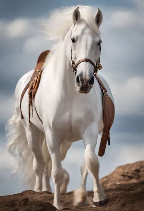 Figure image，(((A white cartoon horse)))，He wears a big gold medal around his neck，Wears a spotted vest on the top，Denim shorts on the bottom，Long white hair that floated up，Naughty expression，HD Real，Black eyes，Flying figure，HD picture，Sony SLR lens，Shoot...