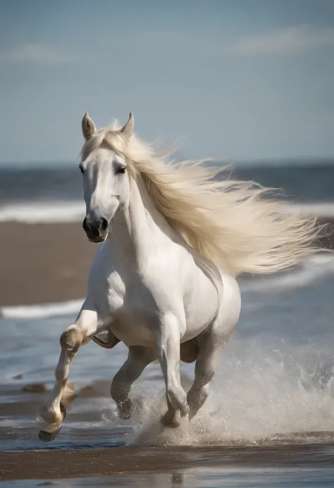 Magazines，Super cartoon，(((A white cartoon horse galloping on the seashore)))，He wears a big gold medal around his neck，Wears a spotted vest on the top，Denim shorts on the bottom，Long white hair that floated up，Naughty expression，HD Real，Black eyes，Flying ...